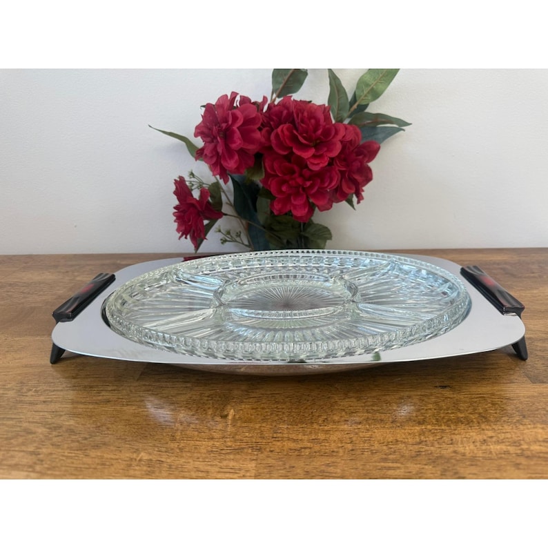 Vintage Gourmates Glo-Hill Canada Atomic Tray Chrome Platter Ruby Handles MCM image 1