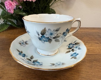 Colclough Blue Floral Bone China Teacup Saucer Gold Trim England Ridgway Pottery