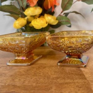 Vintage Amber Carnival Glass Footed Bowls Floral Pattern Marigold Iridescent Dishes