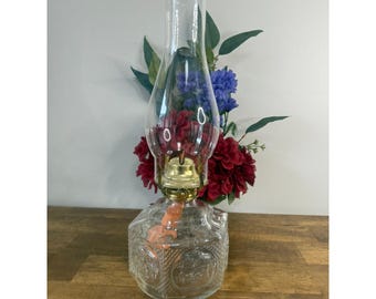 Vintage Figural Covered Wagon Oil Lamp UV Blue Reactive Glass Lamp Farmhouse