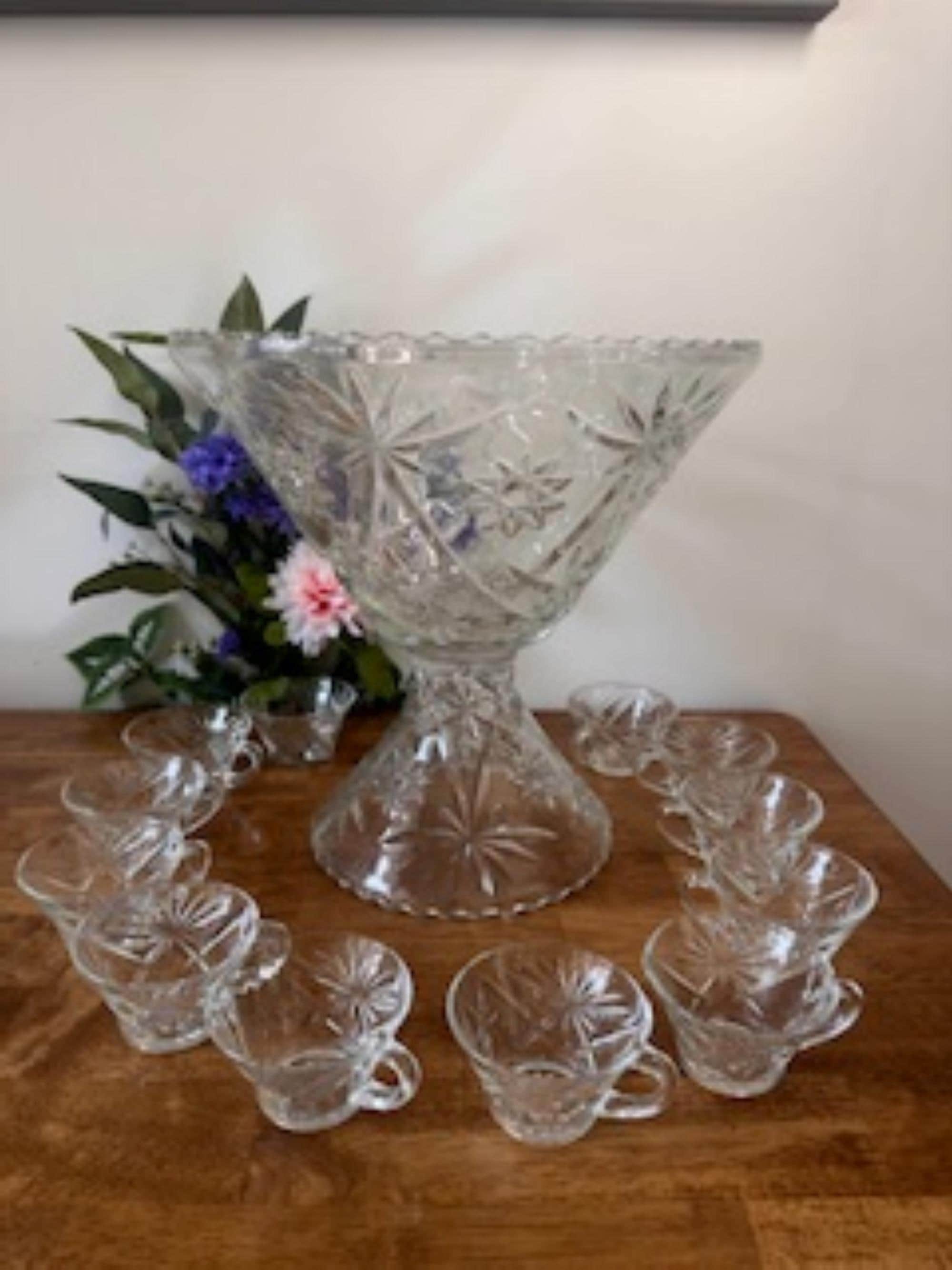 Vintage Anchor Hocking Star of David Pedestal Punch Bowl Set Mid
