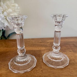 Vintage Clear Pressed Glass Candle Holders – Elegant Faceted Pair