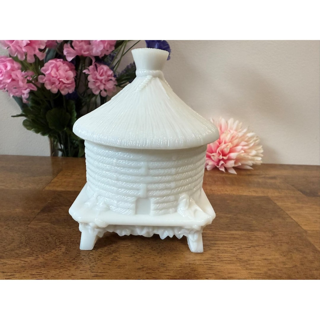 Antique Portieux Vallerysthal Milk Glass Beehive Honey Pot Covered