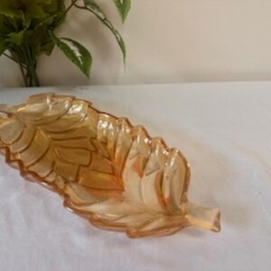 Vintage Marigold Carnival Glass Leaf Dish Iridescent Fall Decor Retro Glass Tray