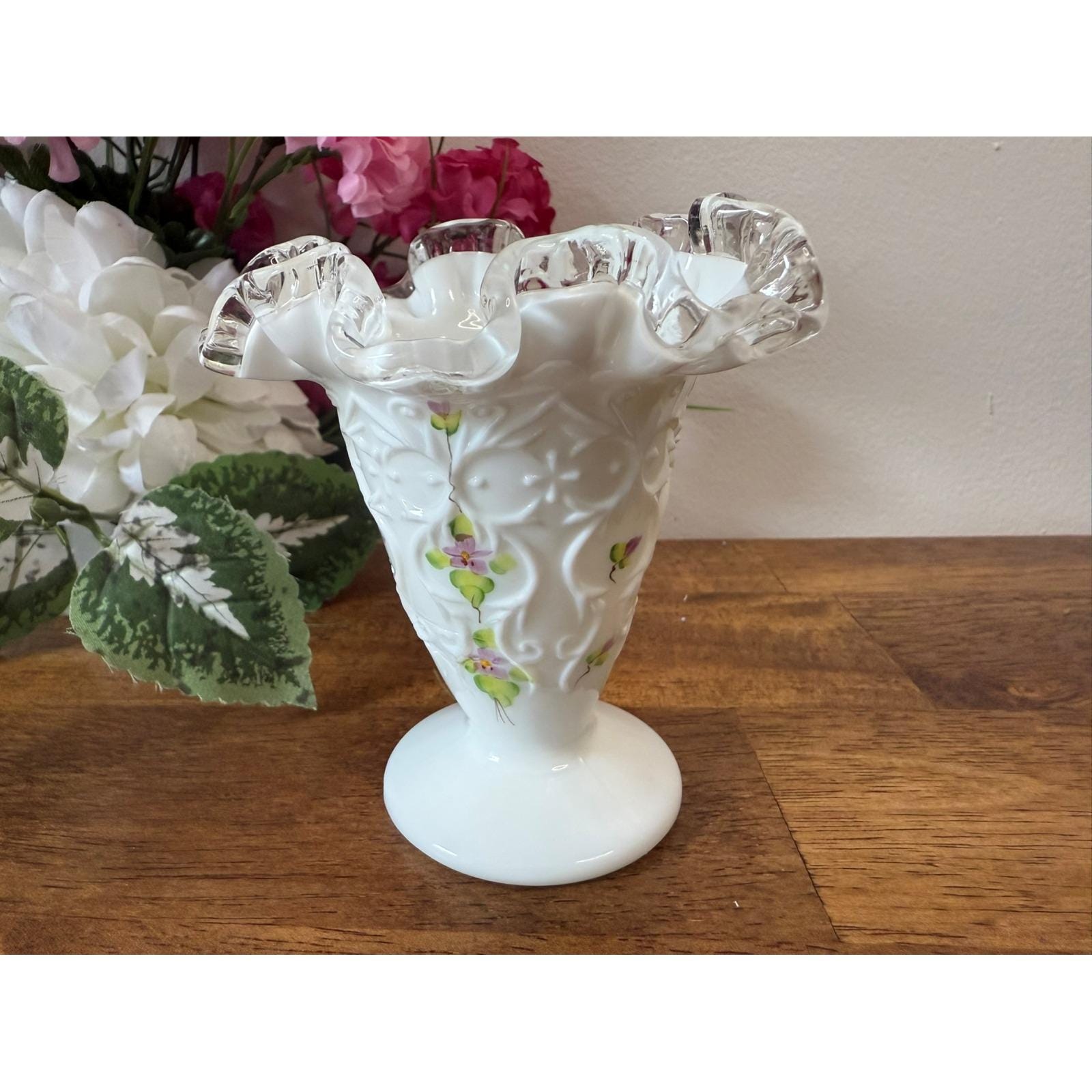 Fenton Hand Painted Milk Glass Vase Signed J. Wilson Ruffled Edge
