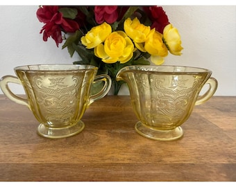 Servizio da zucchero/lattiera Federal Glass Madrid color ambra, in vetro stile Depression Glass, per sala da pranzo vintage