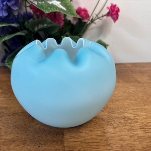 Vintage Blue Satin Glass Bowl Ruffled Edge Cased Glass Likely Fenton Vase