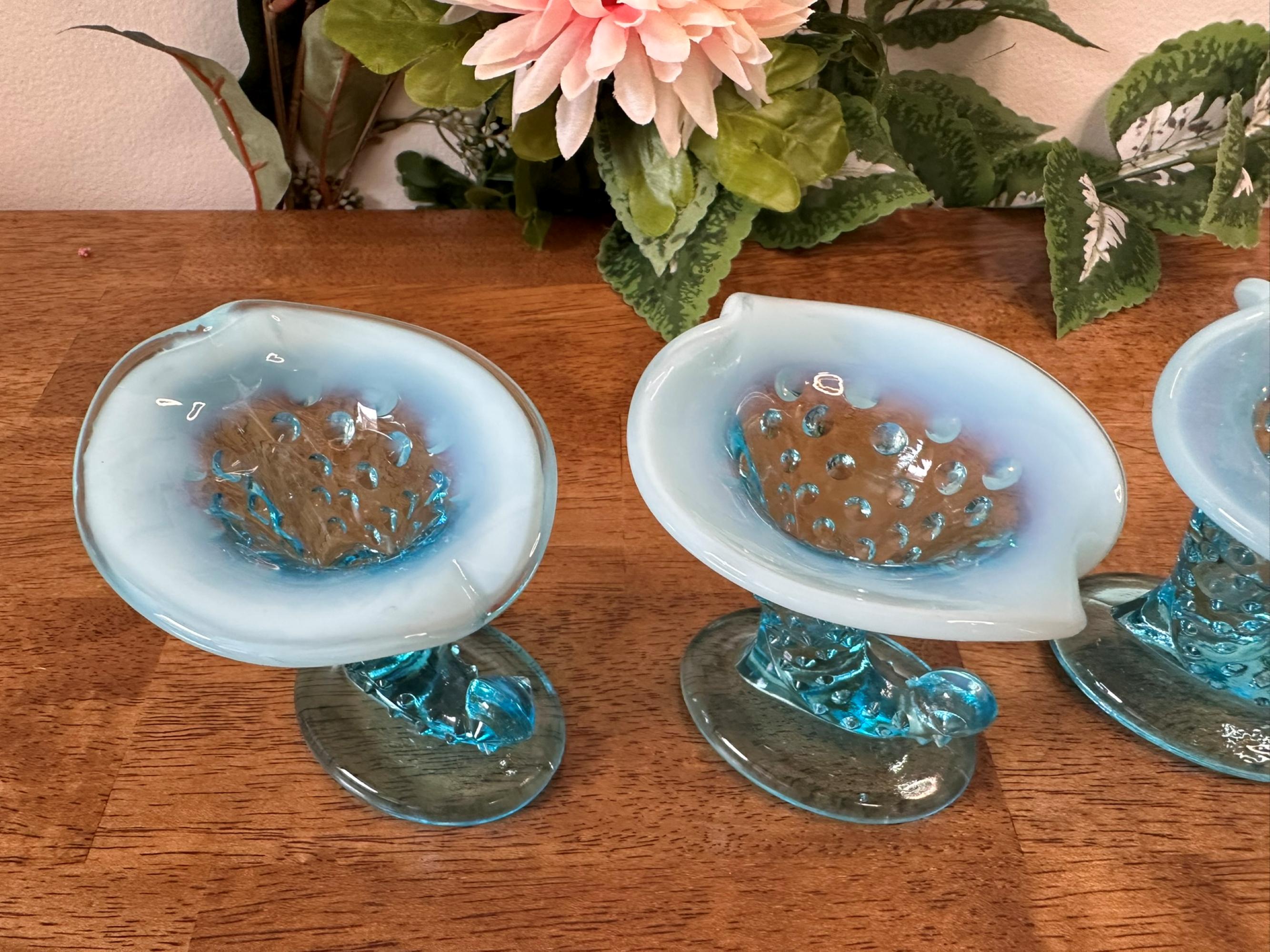 Fenton Blue Opalescent Hobnail Cornucopia Vases Set Horn of Plenty