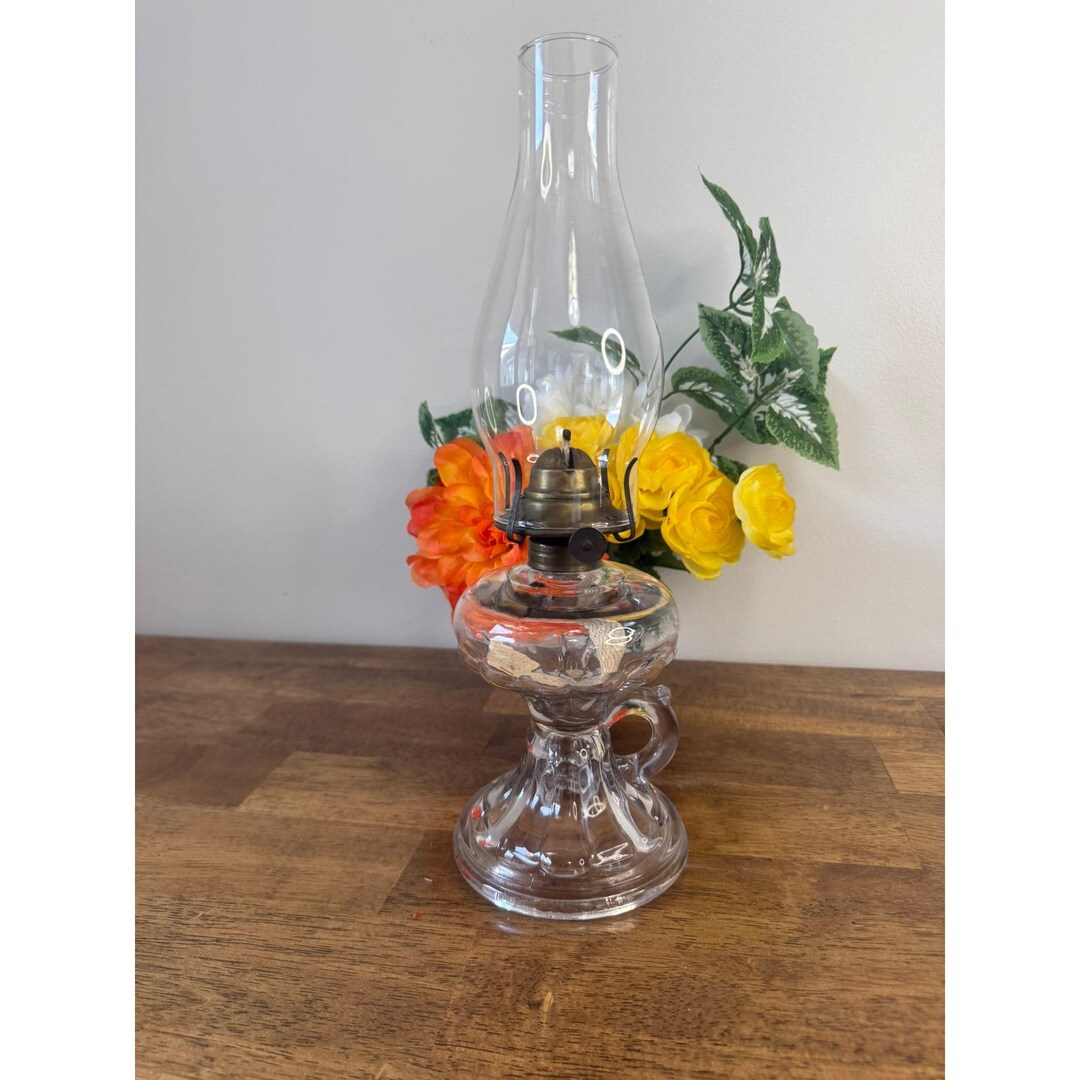 Vintage UV Reactive Pressed Glass Oil Lamp Banner Burner Pedestal
