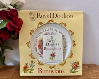 Royal Doulton Bunnykins Christening Plate with Original Box Vintage Bone China 8 Inch