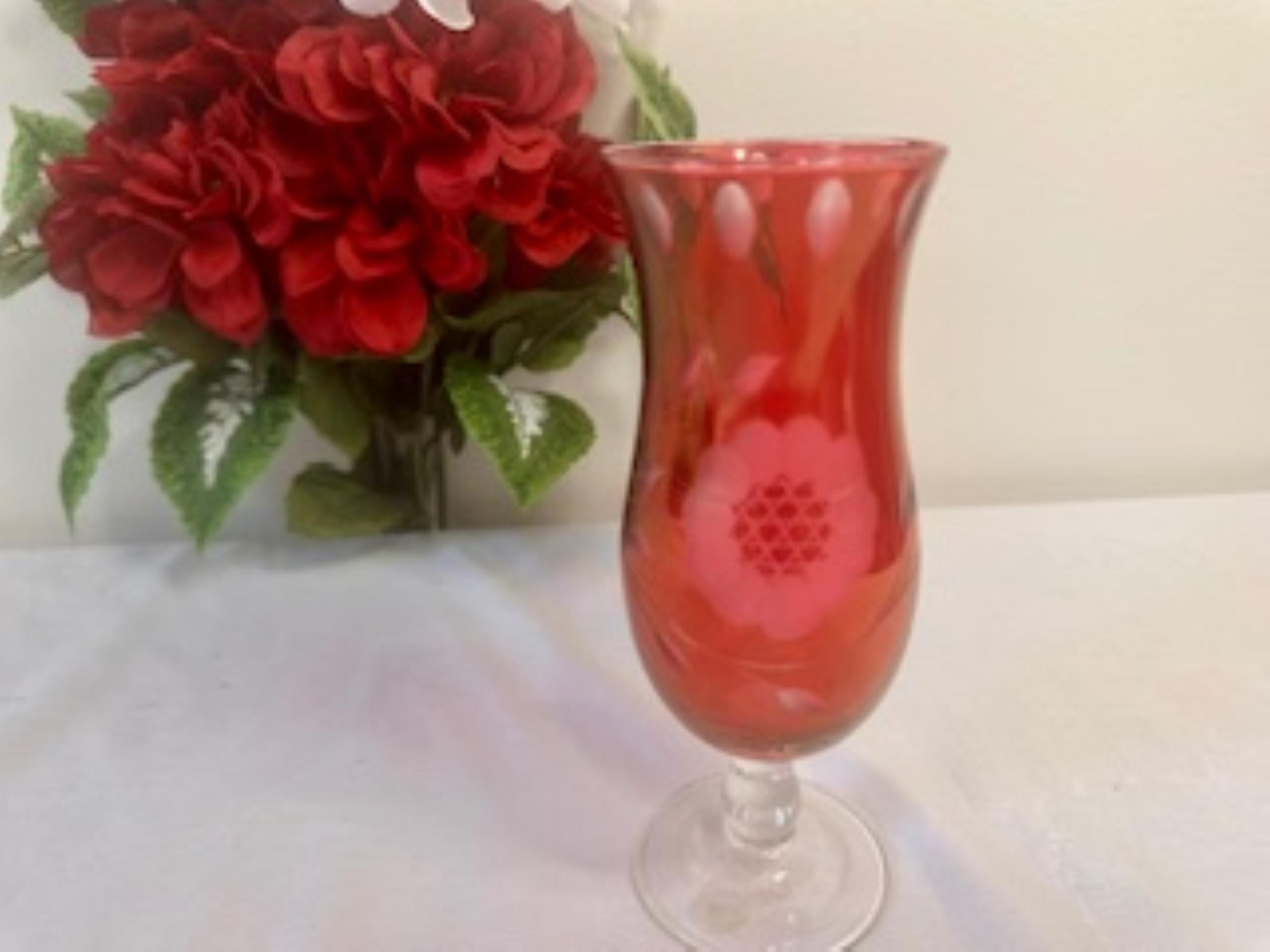 Vintage Cranberry Glass Cornflower-etched Vase – Elegant Footed