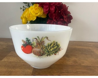 Vintage Milk Glass Vegetable Mixing Bowl Farmhouse Produce Pattern Kitchen Decor