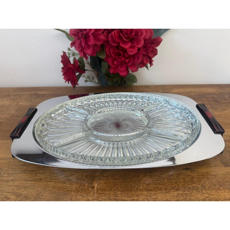Vintage Gourmates Glo-Hill Canada Atomic Tray Chrome Platter Ruby Handles MCM image 3