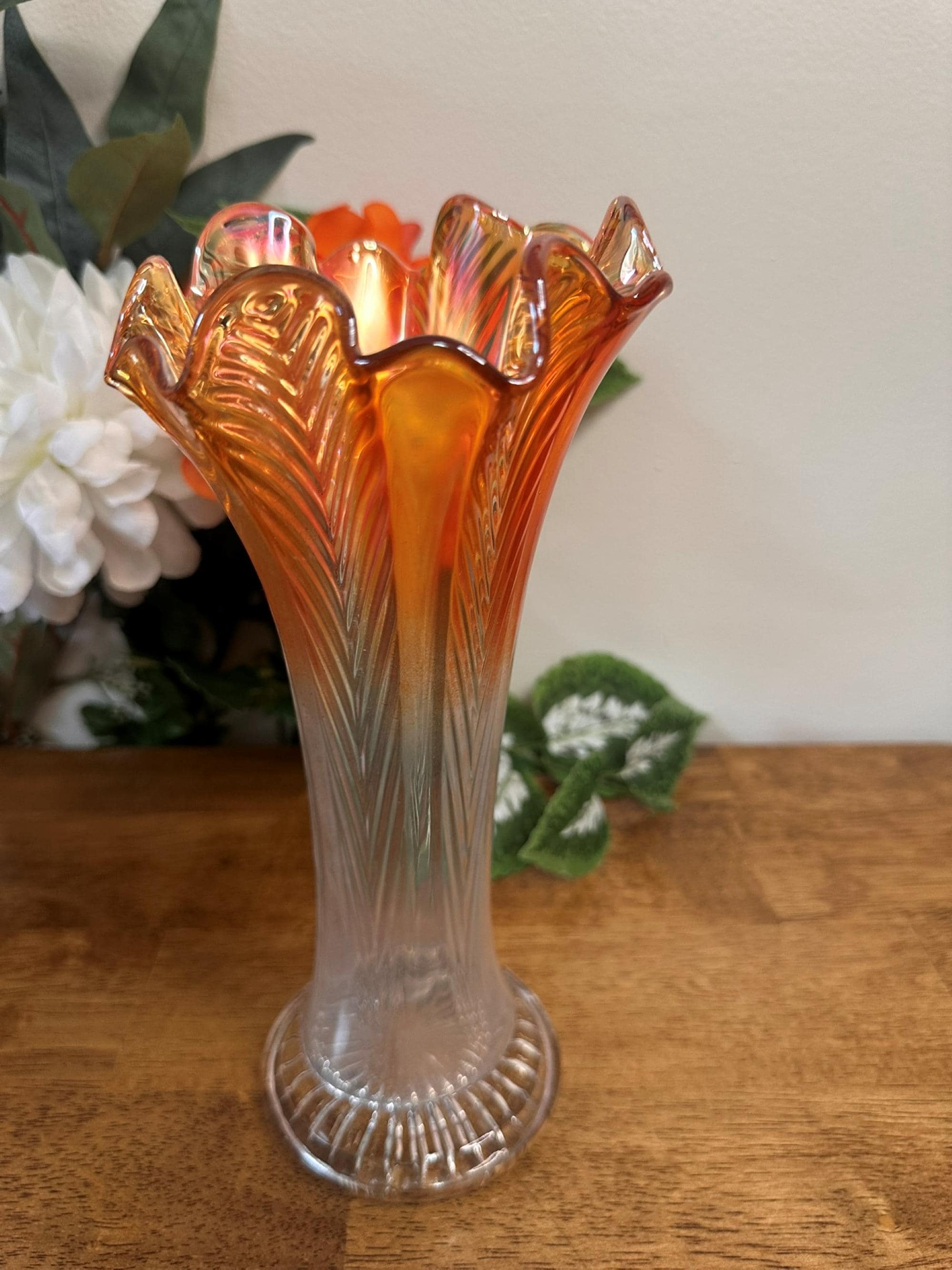 花瓶・フラワースタンド Fenton Carnival Glass Marigold Vase Fenton Swung Vase Marigold Carnival Glass Clear Base Vintage Art