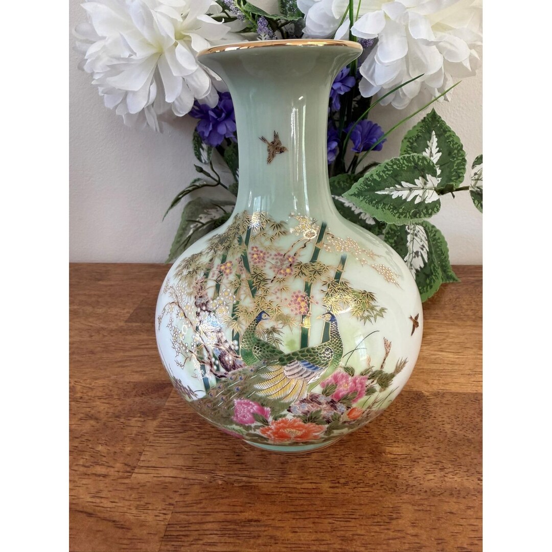 Vintage Midori Japan Peacock Vase Hand Painted Celadon Gold Bamboo