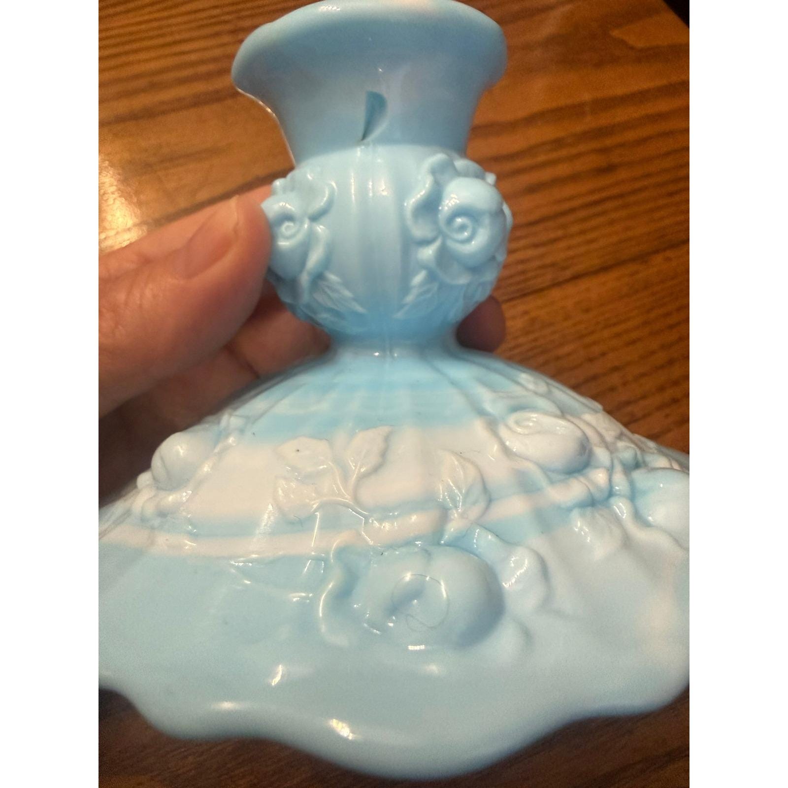 Vintage Blue White Slag Glass Candle Holder Cabbage Rose Ruffled
