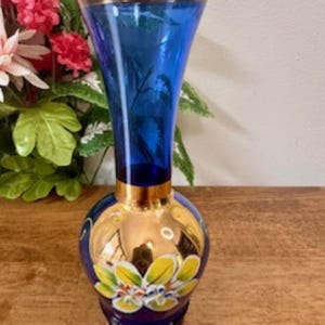 Vintage Bohemian Czech Cobalt Blue Glass Vase Gold Floral Hand Painted