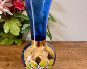 ボヘミアン チェコ コバルトブルー 花瓶 ゴールド エナメル 花柄