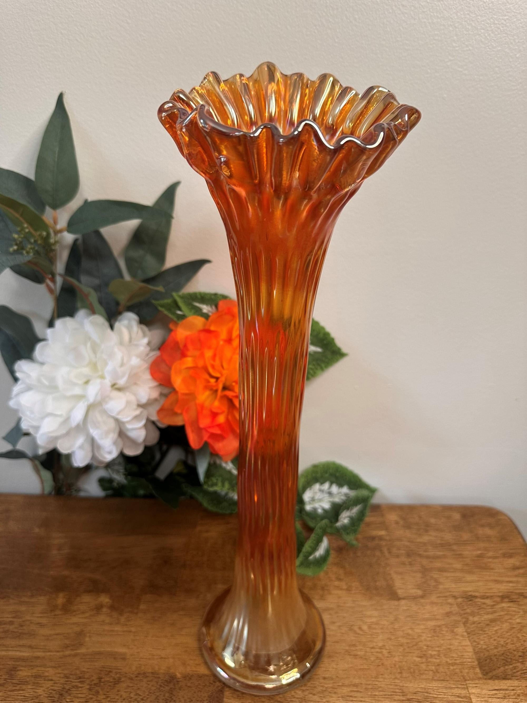花瓶・フラワースタンド Fenton Carnival Glass Marigold Vase Fenton Rustic Marigold Carnival Glass Vase Candy Ribbon Edge Large
