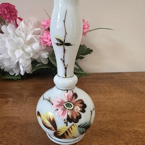 Vintage Hand Painted Victorian Milk Glass Vase Raised Floral Gold Detailing