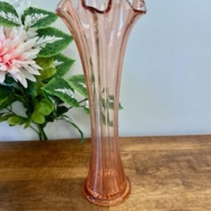 Vintage Rosa Depression Glasvase Geriffelter Rand Geriffelte Gerippte Art-Deco-Stil