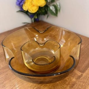 Vintage Amber Glass Chip and Dip Set Mid-Century Modern Two-Piece Entertaining Bowl Set