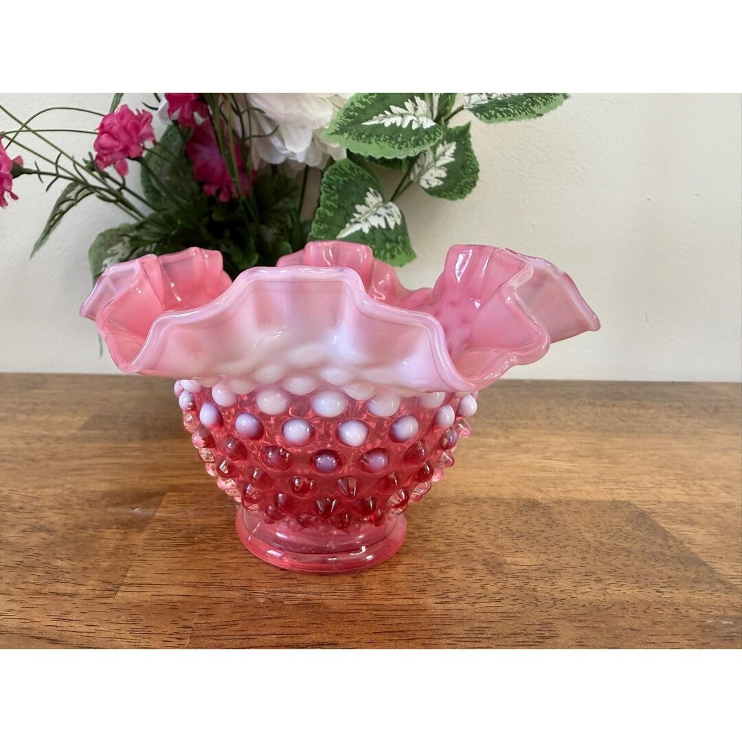 Vintage Fenton Cranberry Opalescent Hobnail Ruffled Edge Glass