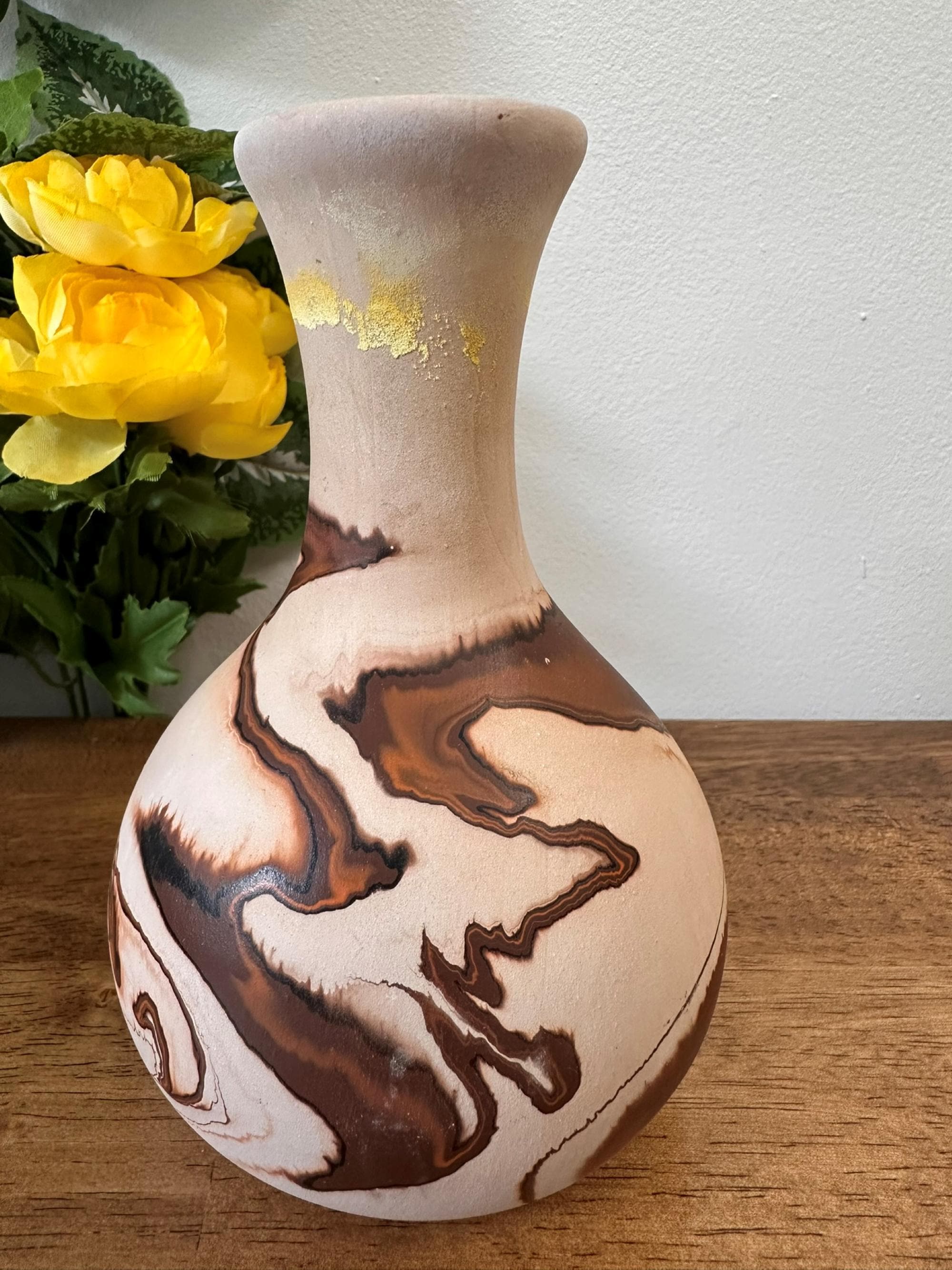 Vintage Nemadji Pottery Vase Marbled Clay Swirl Earth Tones Hand