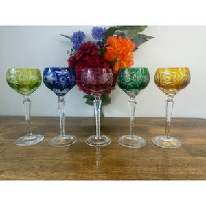 Nachtmann Bleikristall Crystal Coloured Cut Wine Glasses German Vintage Barware