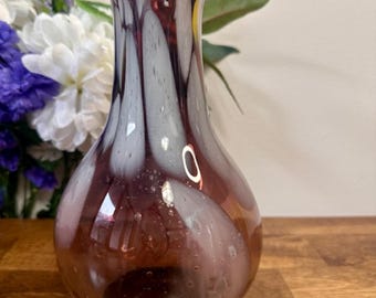 Hand Blown Amethyst Art Glass Vase Vintage Decor with Colour Swirls