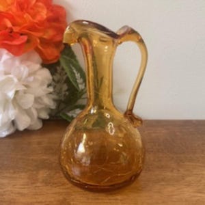 Amber Crackle Glass Mini Pitcher – Vintage Hand-Blown Midcentury Ewer Vase