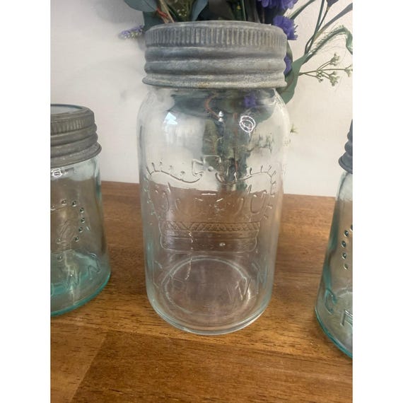 Vintage Crown Mason Jar Set Blue Green Glass Zinc Lids Canadian
