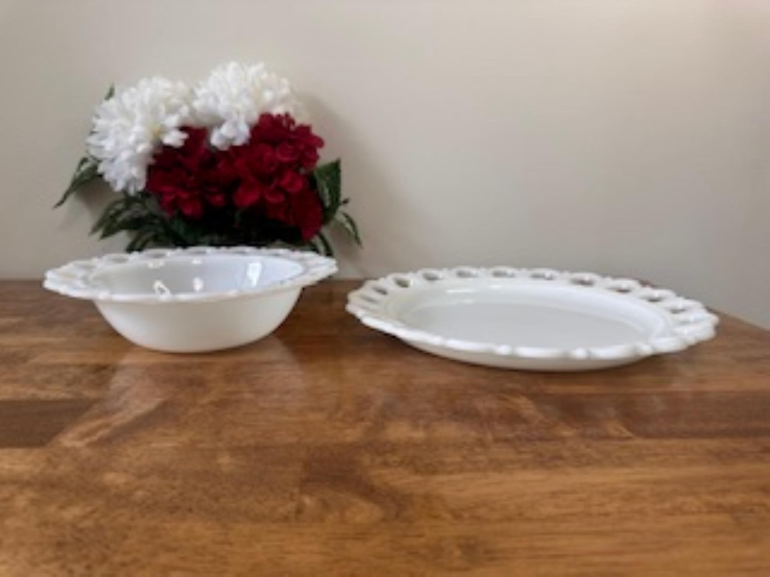 Vintage Milk Glass Lace Edge Bowl and Platter Set Westmoreland