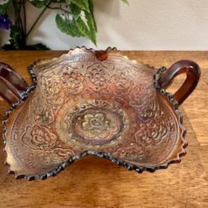 Fenton Persian Medallion Amethyst Carnival Glass Dish Purple Blue Gold Iridescent Handles Vintage