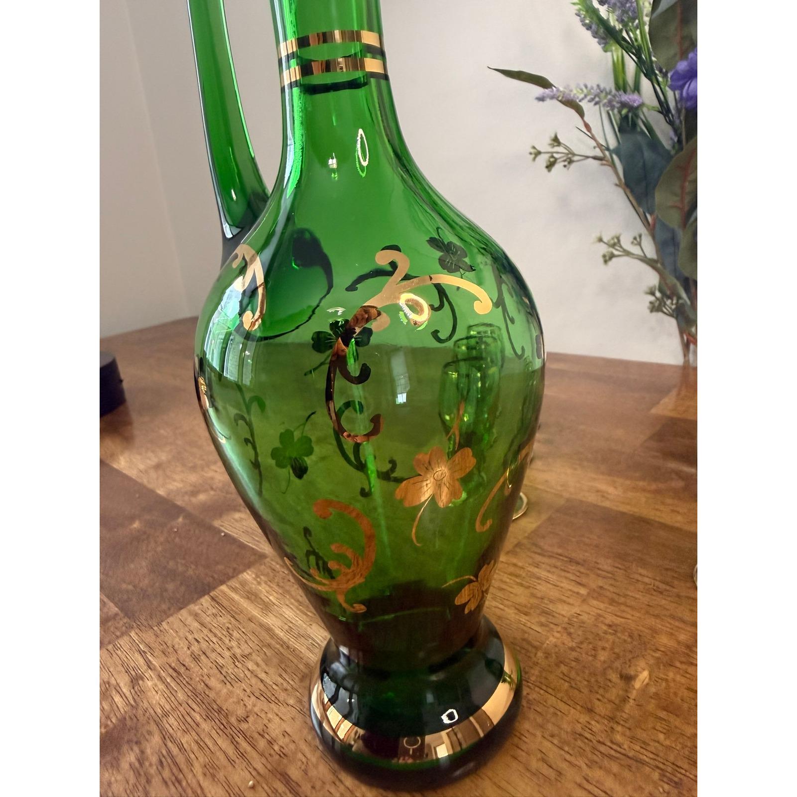 Vintage Bohemia Czech Emerald Green Glass Decanter Set Gold Gilt