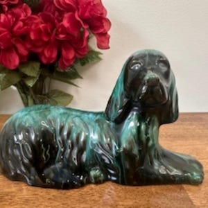 Blue Mountain Pottery Vintage Canadian Green Brown Dog Figurine Drip Glaze Collectible BMP Decor