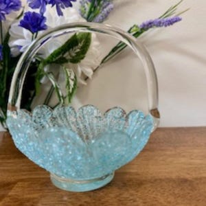 Vintage Light Blue Art Glass Basket Textured Sunburst Design Clear Handle Decorative Bowl