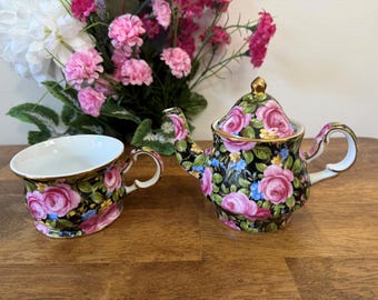 Royal Staffordshire Chintz Rose Teekanne Blumentasse Goldrand rosa blau