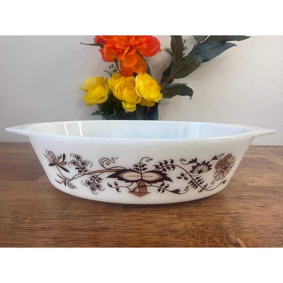 Pyrex Chelsea Pattern Vintage JAJ Pyrex England Brown Floral Chelsea Pattern Milk Glass Oval ...