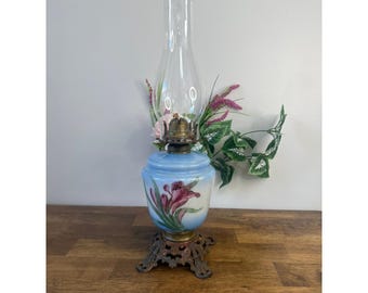 Vintage Hand Painted Milk Glass Lamp Blue Pink Floral Ornate Decorative Parts