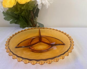 Vintage Amber Divided Relish Dish Candlewick Style Bohemian Glass MCM Serving