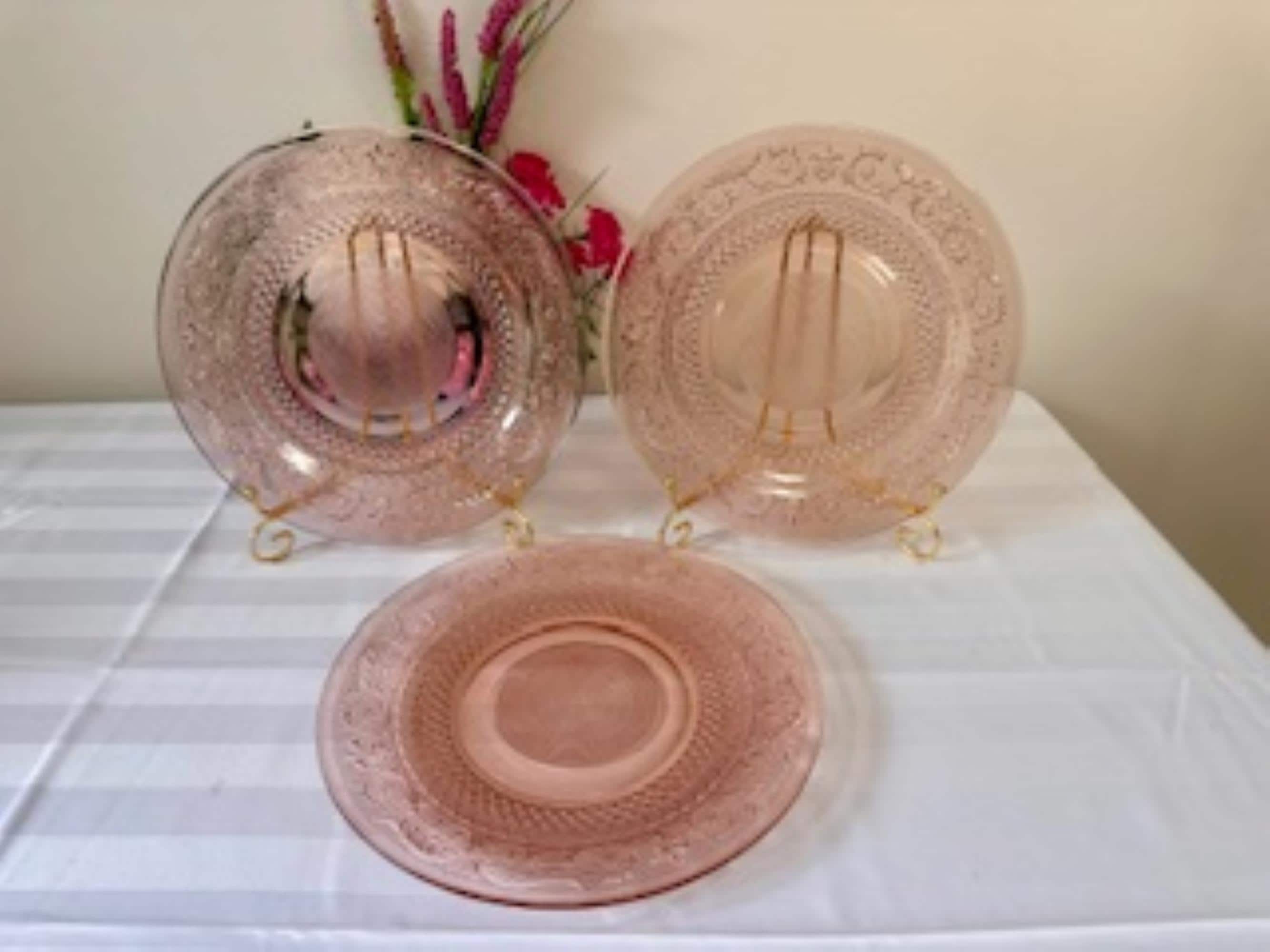 KIG Indonesia Pink Glass Trellis Plates Vintage Fleur De Lis