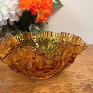 Vintage Fenton Amber Carnival Glass Bowl Thumbprint Ruffled Edge Crimped Dish