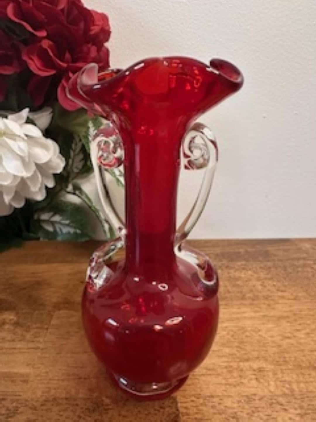 Vintage Ruby Red Art Glass Vase Clear Scroll Handles Ruffled Rim ...