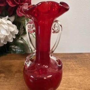 Vintage Ruby Red Art Glass Vase Clear Scroll Handles Ruffled Rim Elegant Mid-Century Style Decor