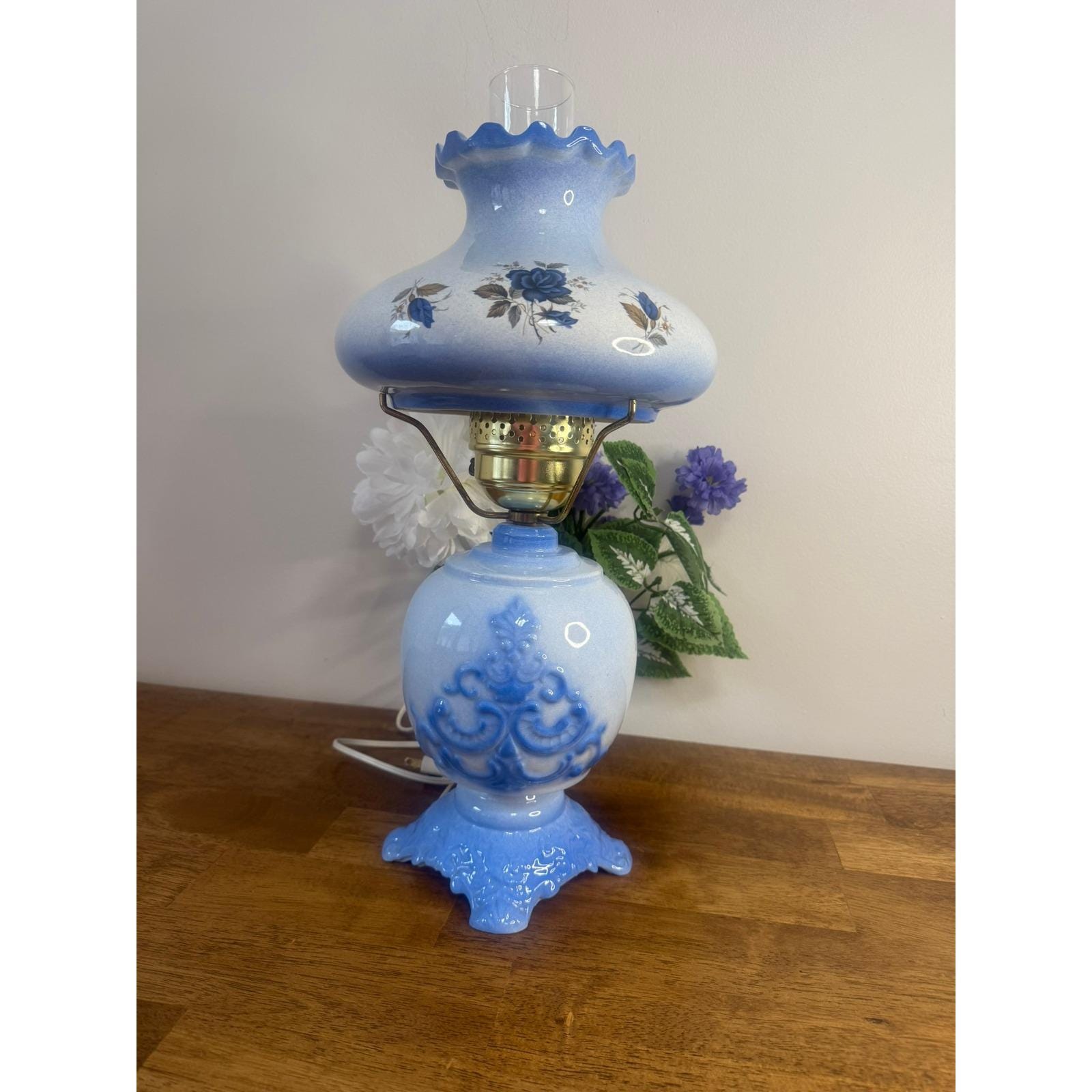 Vintage Blue Milk Glass Table Lamp Hand Painted Floral Hurricane