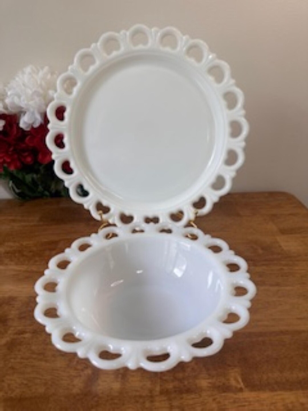 オールドマウンテン/オールドシー 花Rim.プレス old see 2枚セット Vintage Milk Glass Lace Edge Bowl and Platter Set Westmoreland