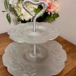 Vintage Aluminum Tiered Tray with Heart Handle – Embossed Floral Two-Tier Server for Tea or Treats