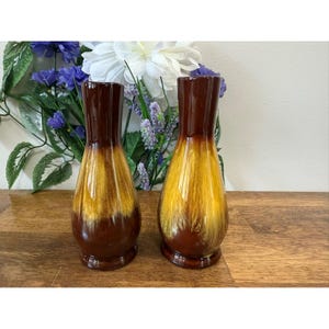 May include: Two brown and yellow ceramic vases with a glossy finish. The vases have a teardrop shape with a wide base and a narrow neck. The vases are displayed on a wooden surface with flowers in the background.
