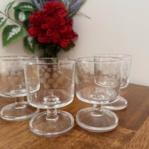 May include: Set of five clear glass stemmed shot glasses with a grape design etched into the glass.